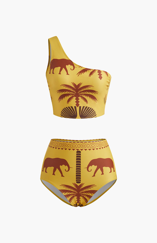 Vintage Yüksek Belli Tek Omuz Bikini Takımı