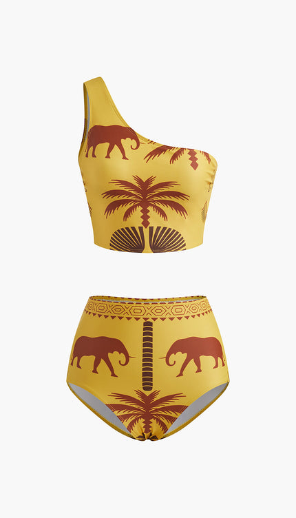 Vintage Yüksek Belli Tek Omuz Bikini Takımı