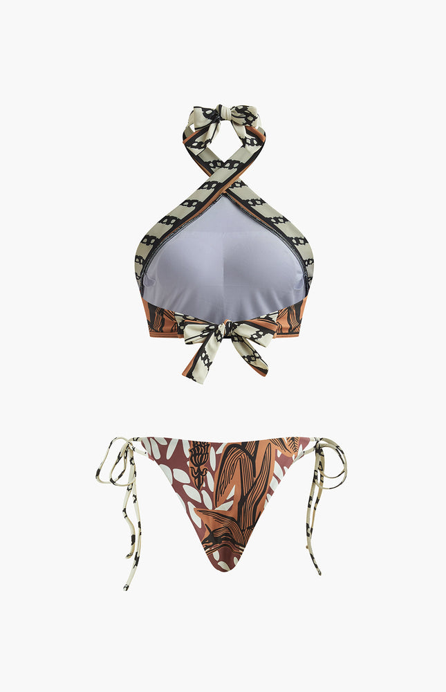 Retro Desenli Halter Bikini Takımı