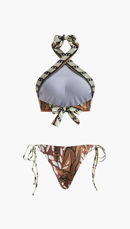 Retro Desenli Halter Bikini Takımı