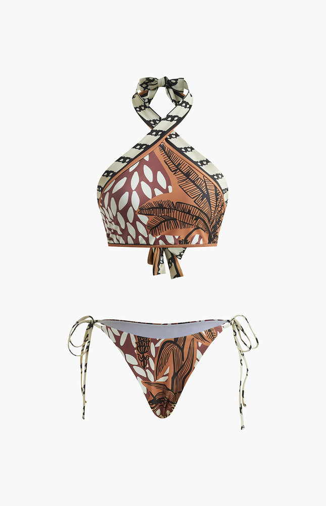 Retro Desenli Halter Bikini Takımı