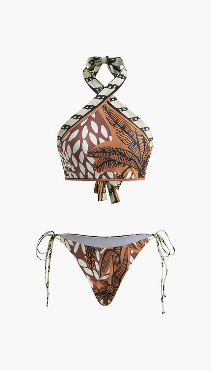 Retro Desenli Halter Bikini Takımı