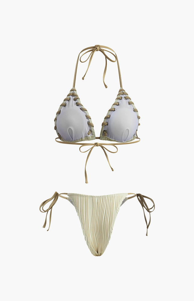 Grommet Bağcıklı Dokulu Bikini Takımı