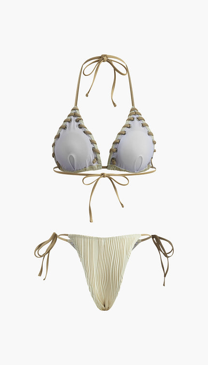 Grommet Bağcıklı Dokulu Bikini Takımı