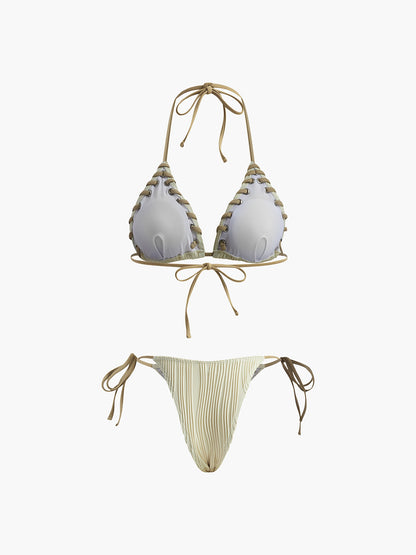 Grommet Bağcıklı Dokulu Bikini Takımı