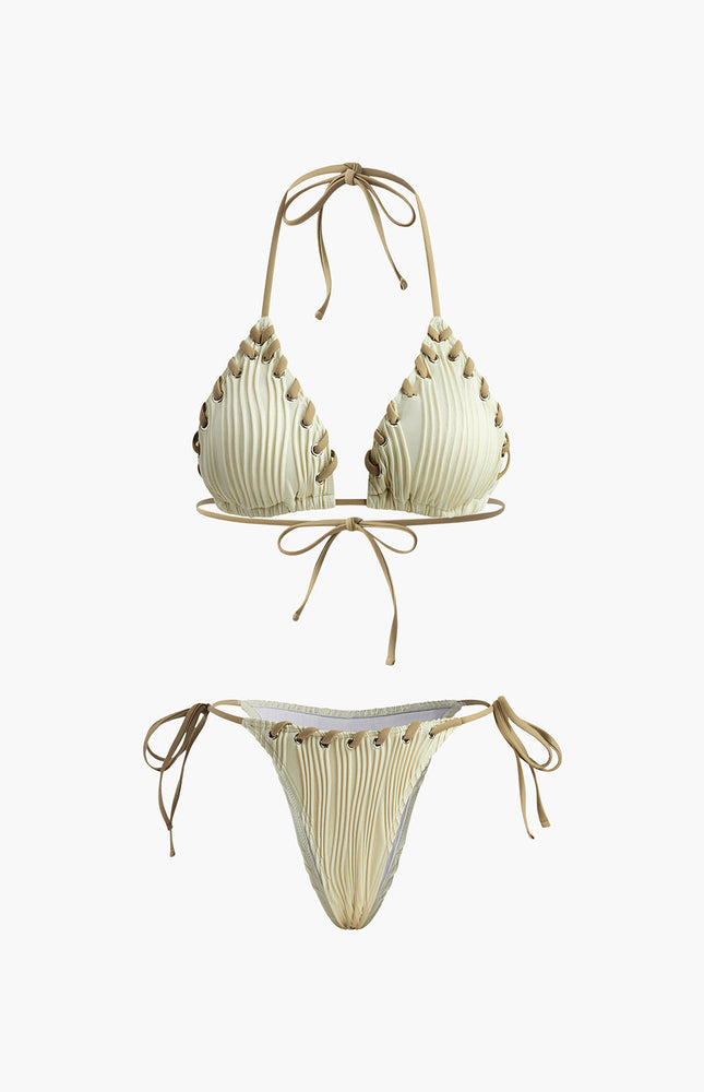 Grommet Bağcıklı Dokulu Bikini Takımı