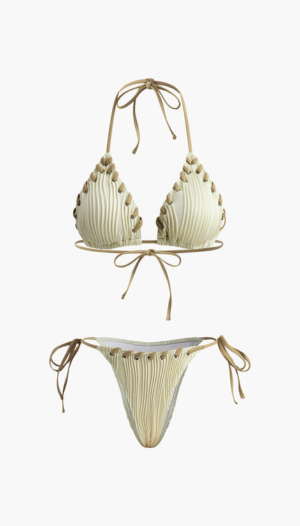 Grommet Bağcıklı Dokulu Bikini Takımı