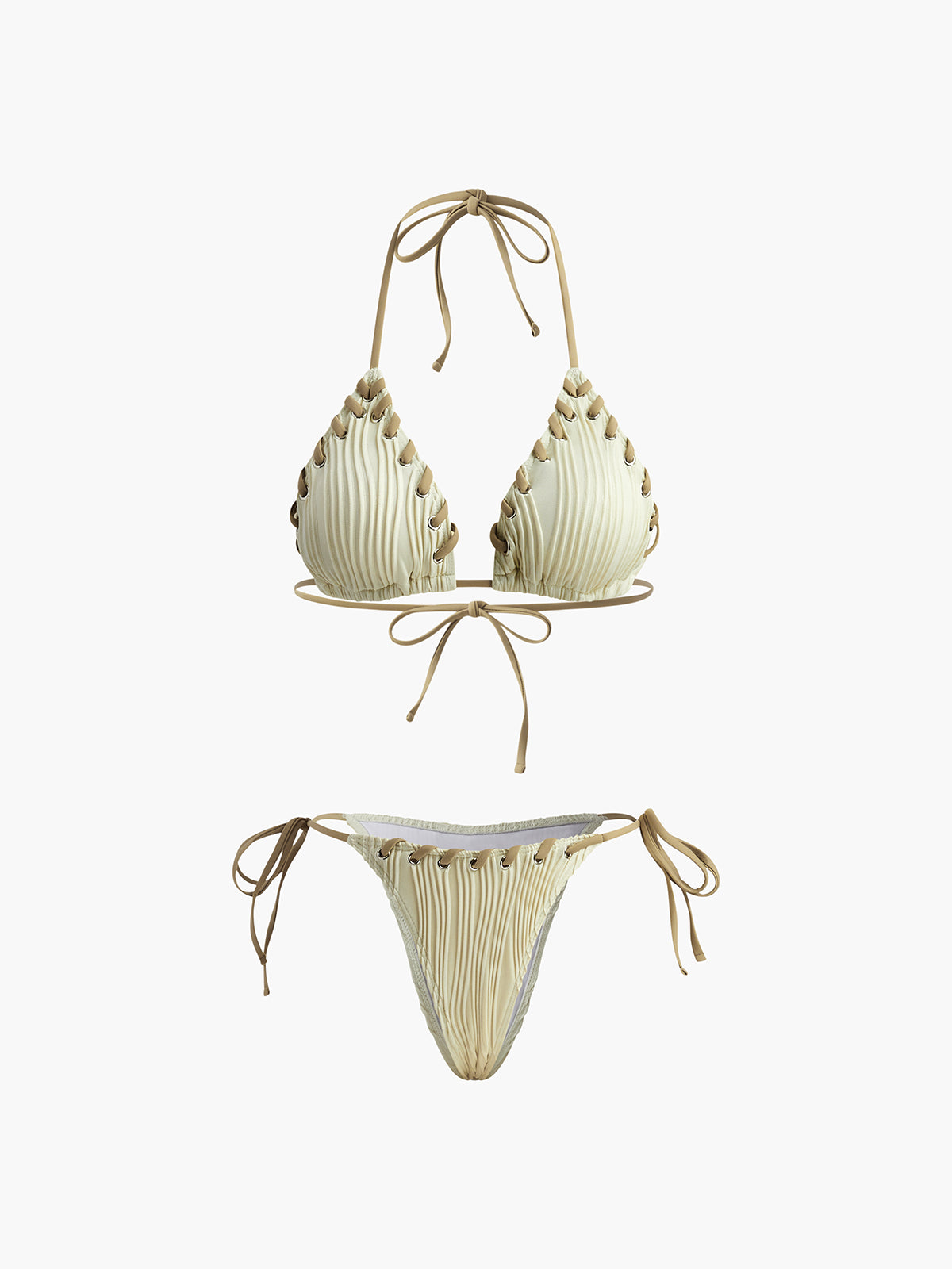 Grommet Bağcıklı Dokulu Bikini Takımı