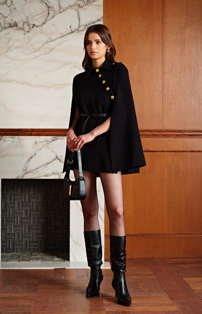 Altın Düğmeli Cepli Kemerli Pelerin