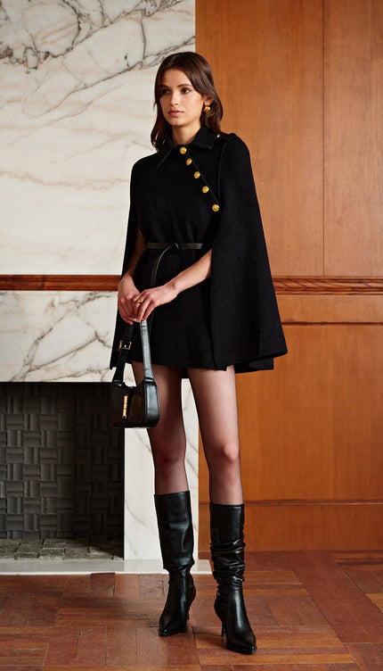 Altın Düğmeli Cepli Kemerli Pelerin