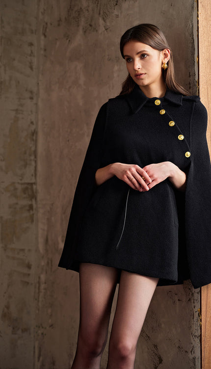 Altın Düğmeli Cepli Kemerli Pelerin