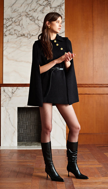 Altın Düğmeli Cepli Kemerli Pelerin