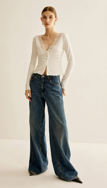 Dantel Panelli V Yaka Bluz