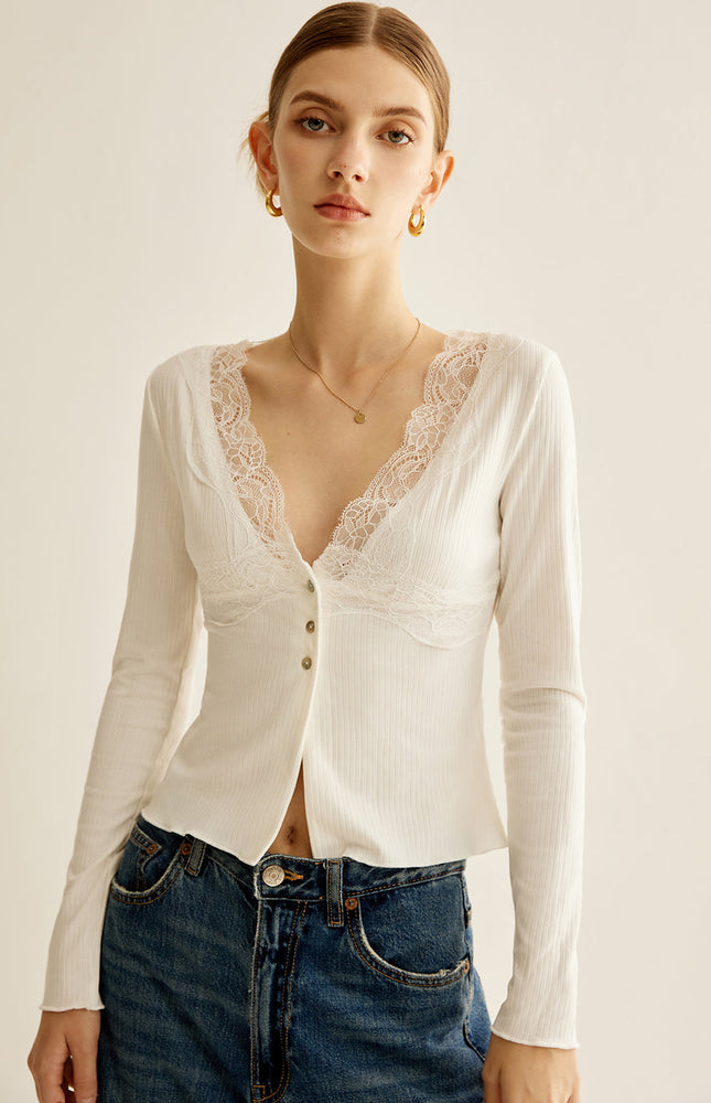 Dantel Panelli V Yaka Bluz