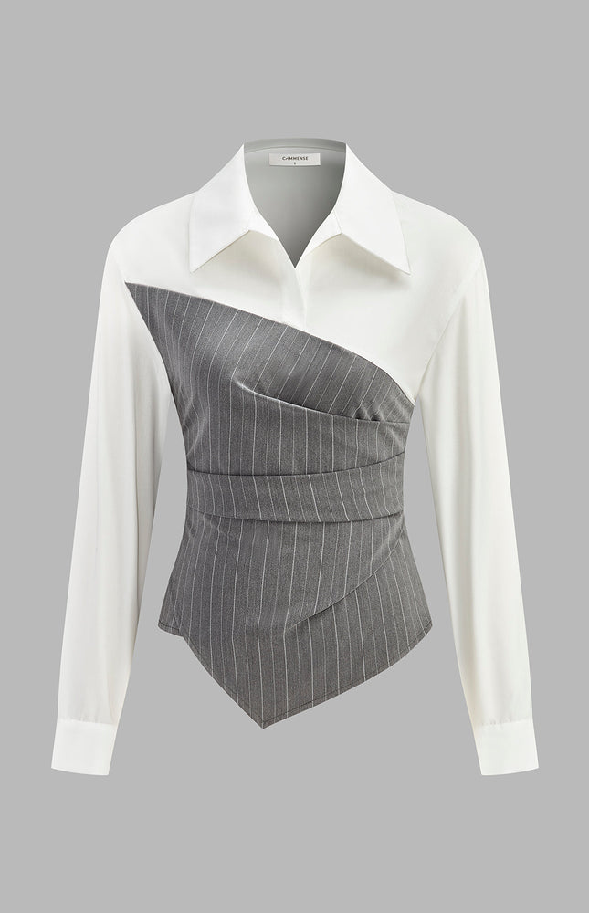 Modaya Uygun Renk Bloklu Asimetrik Çizgili Gömlek