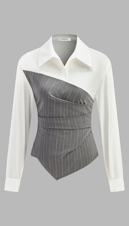 Modaya Uygun Renk Bloklu Asimetrik Çizgili Gömlek