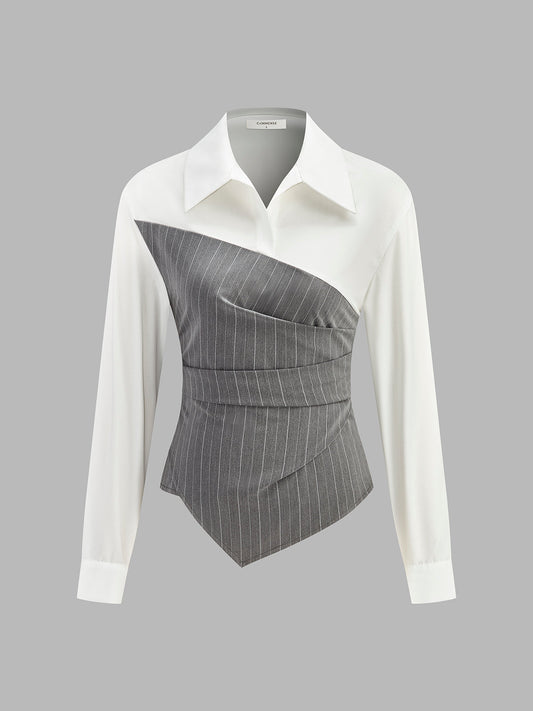 Modaya Uygun Renk Bloklu Asimetrik Çizgili Gömlek