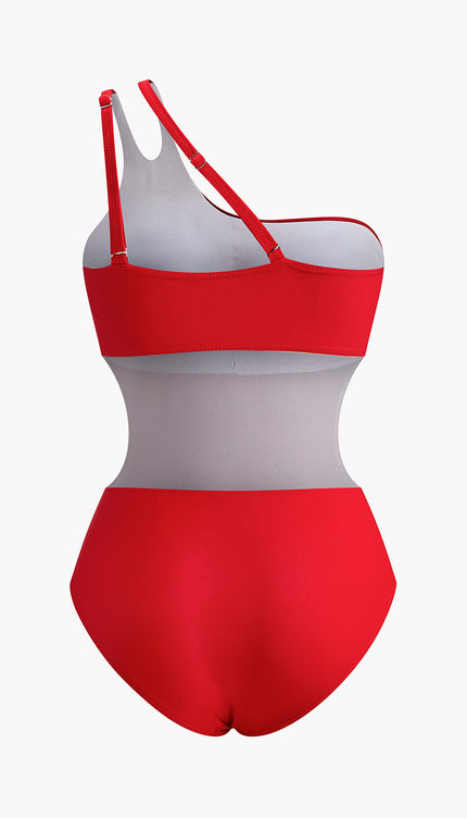 Kesik Detaylı Kırmızı Tek Omuz Mayo