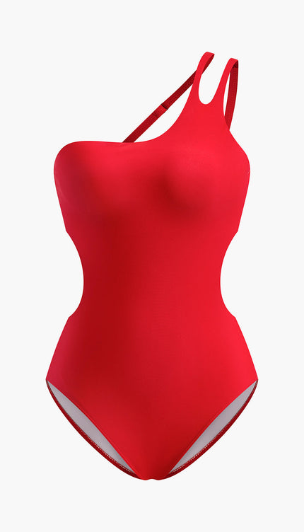 Kesik Detaylı Kırmızı Tek Omuz Mayo