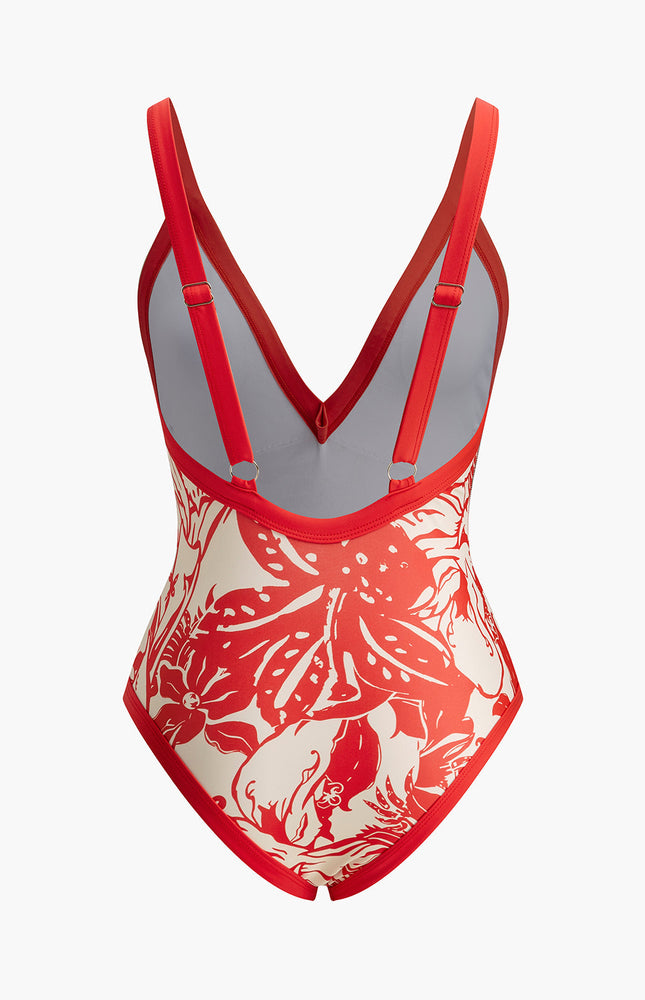 Tropikal Desenli Egzotik V-Yaka Tek Parça Mayo