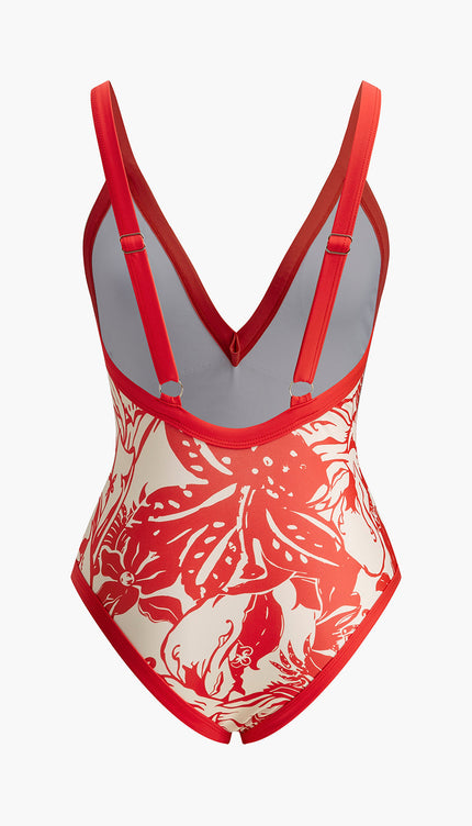 Tropikal Desenli Egzotik V-Yaka Tek Parça Mayo