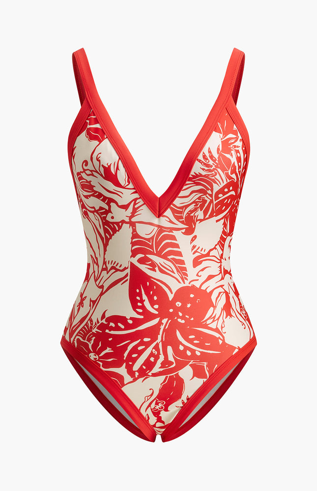 Tropikal Desenli Egzotik V-Yaka Tek Parça Mayo