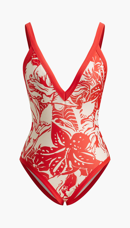 Tropikal Desenli Egzotik V-Yaka Tek Parça Mayo