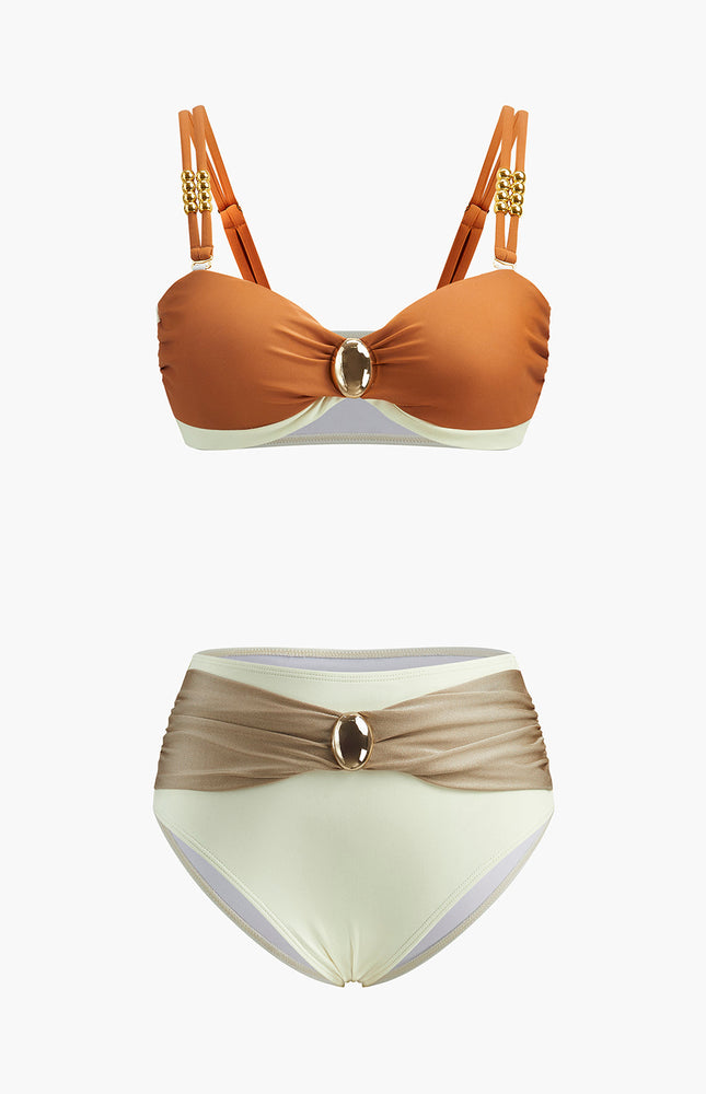 Canlı Renk Bloklu Şık Kemer Tasarımı ile Bikini Seti