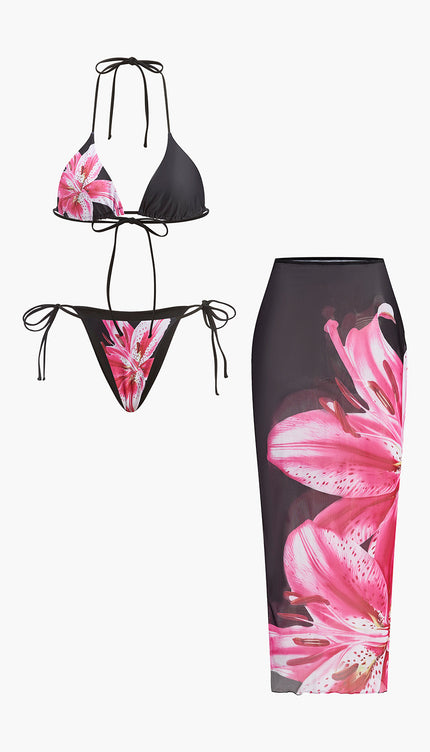 Çiçek Desenli Bikini Yarı Şeffaf Etek ile