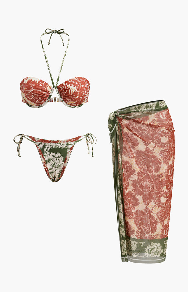 Çiçekli Bikini Seti Bağlama Kenar Etek ile
