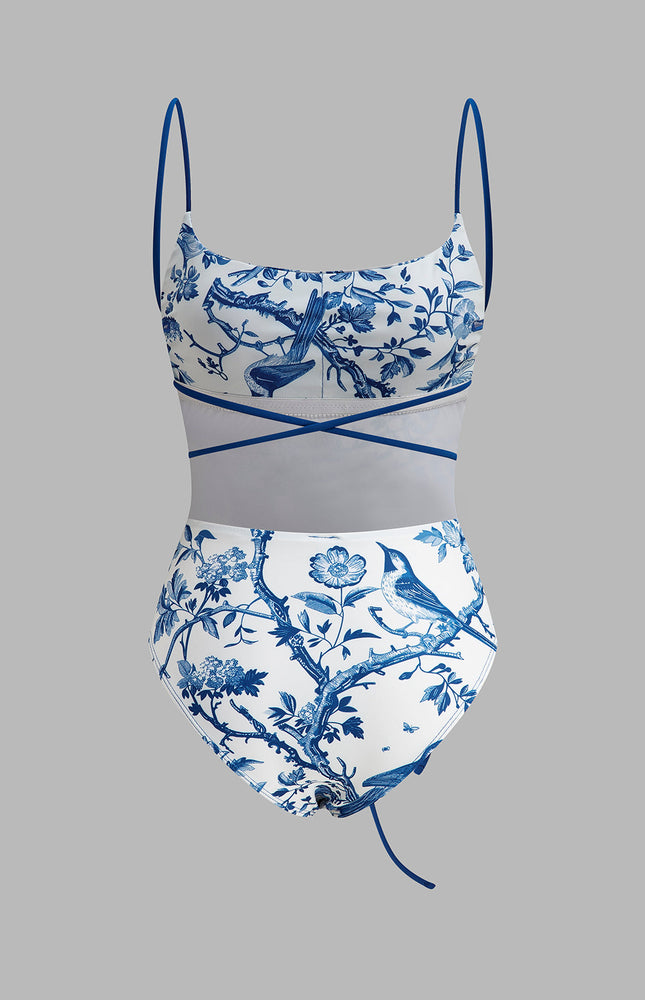 Kuş Baskılı Bağlama Sırt Detaylı Mayo