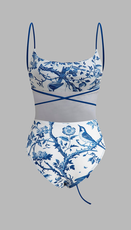 Kuş Baskılı Bağlama Sırt Detaylı Mayo