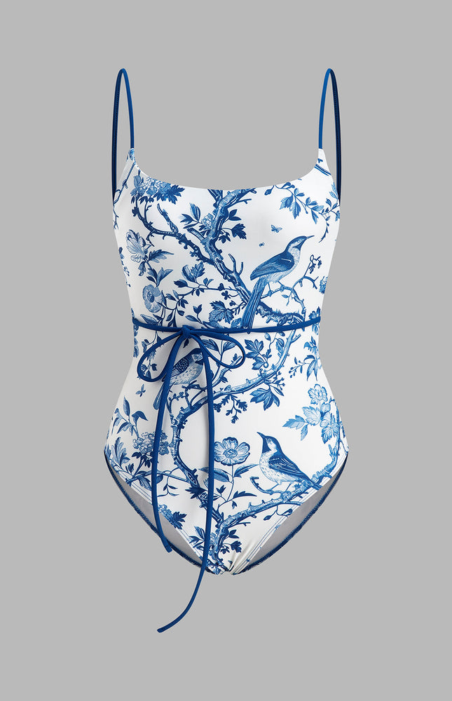 Kuş Baskılı Bağlama Sırt Detaylı Mayo