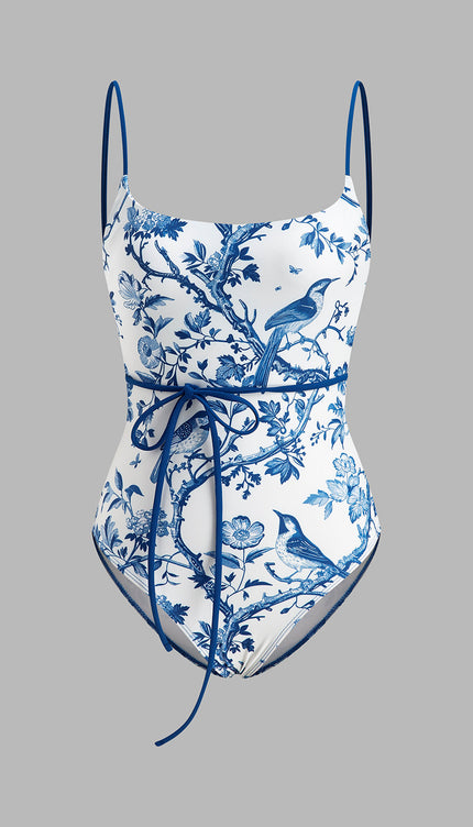 Kuş Baskılı Bağlama Sırt Detaylı Mayo