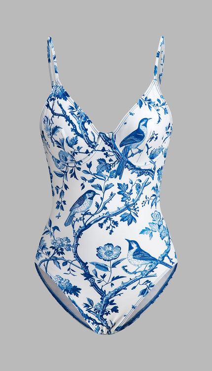 Kuş Desenli V Yaka Mayo