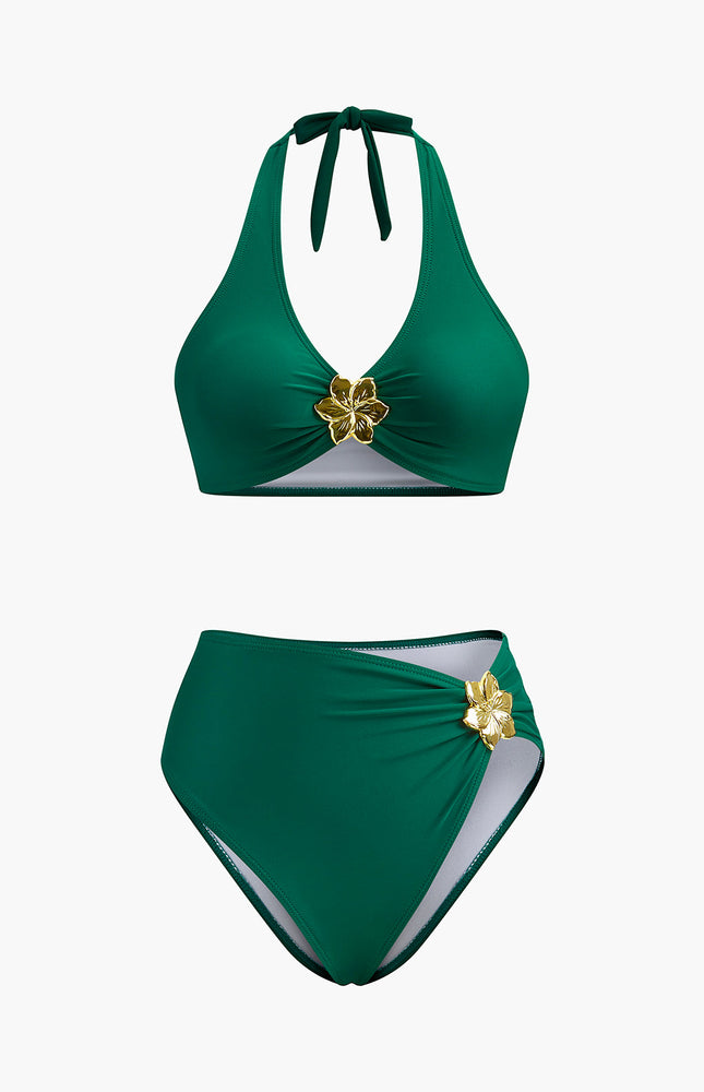 Metal Çiçek Detaylı Halter Bikini Takımı