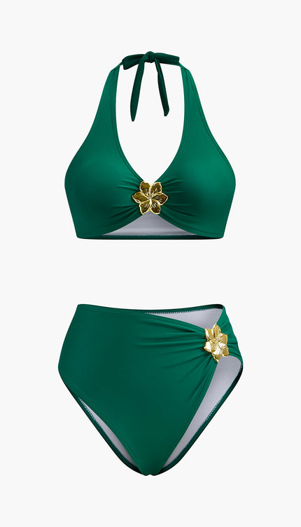 Metal Çiçek Detaylı Halter Bikini Takımı