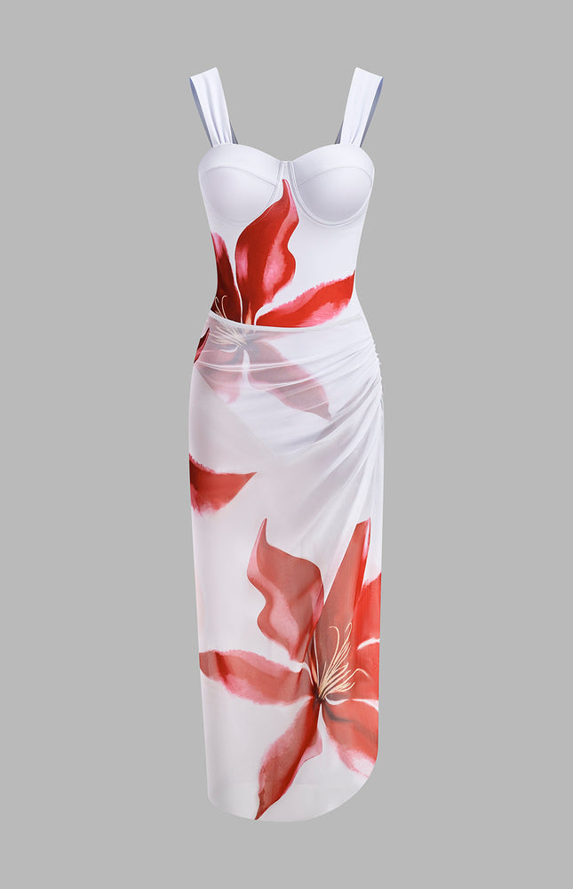 Çiçek Baskılı Etek ve Bikini Takımı