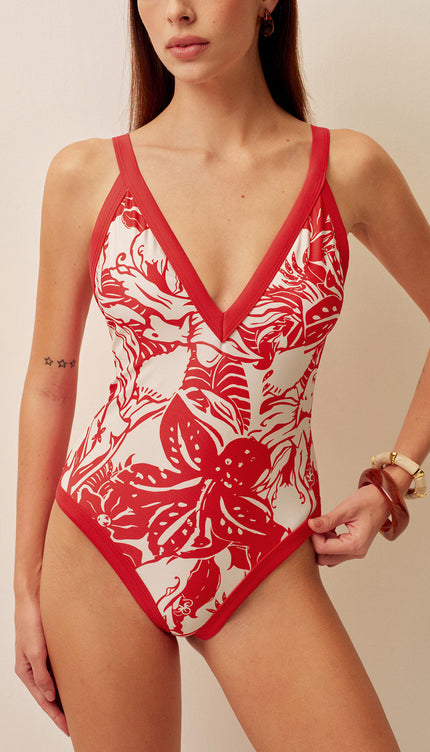 Tropikal Desenli Egzotik V-Yaka Tek Parça Mayo