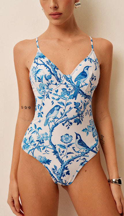 Kuş Desenli V Yaka Mayo