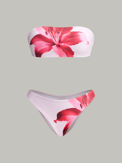 Çiçek Desenli Bandeau Etekli Bikini Seti