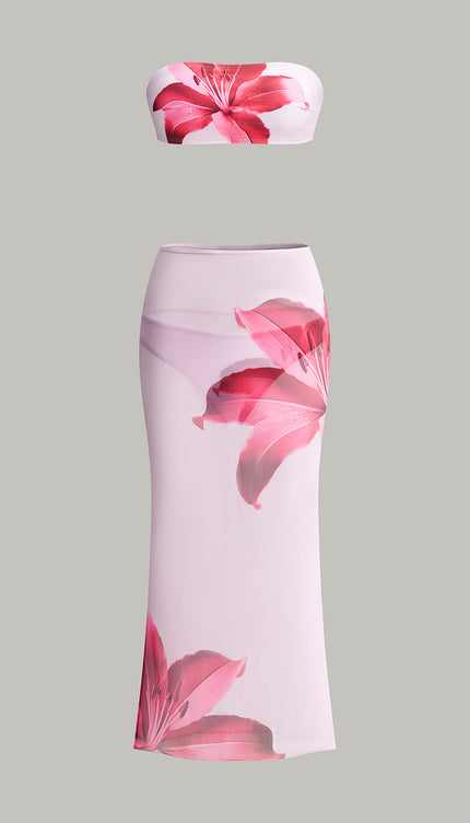 Çiçek Desenli Bandeau Etekli Bikini Seti