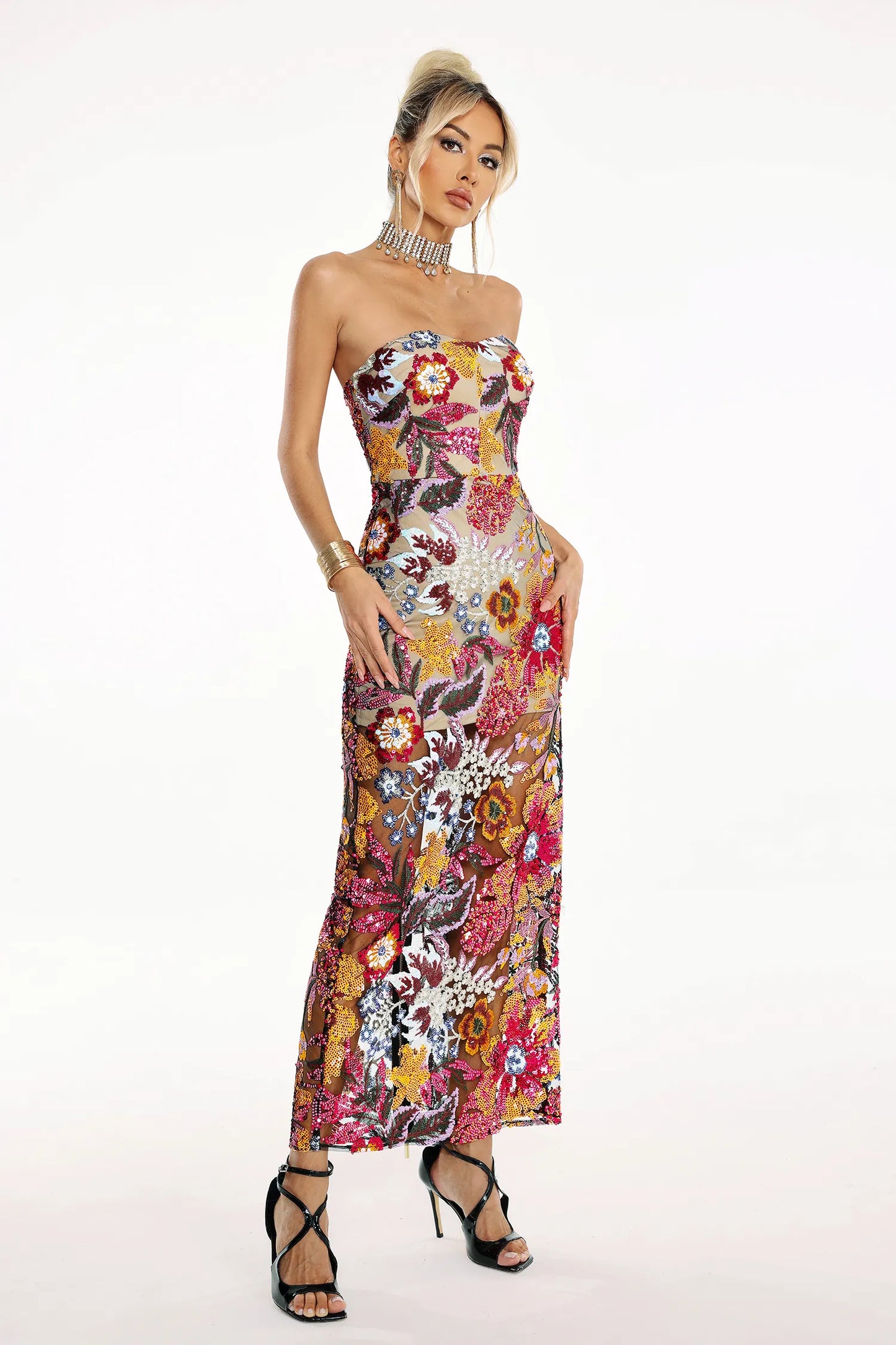 Satu Floral Glitter Maxi Elbise