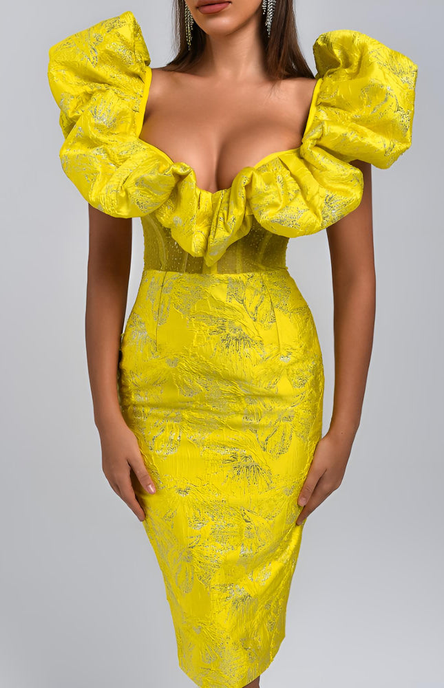 Vespera Jakarlı Sarı Midi Elbise