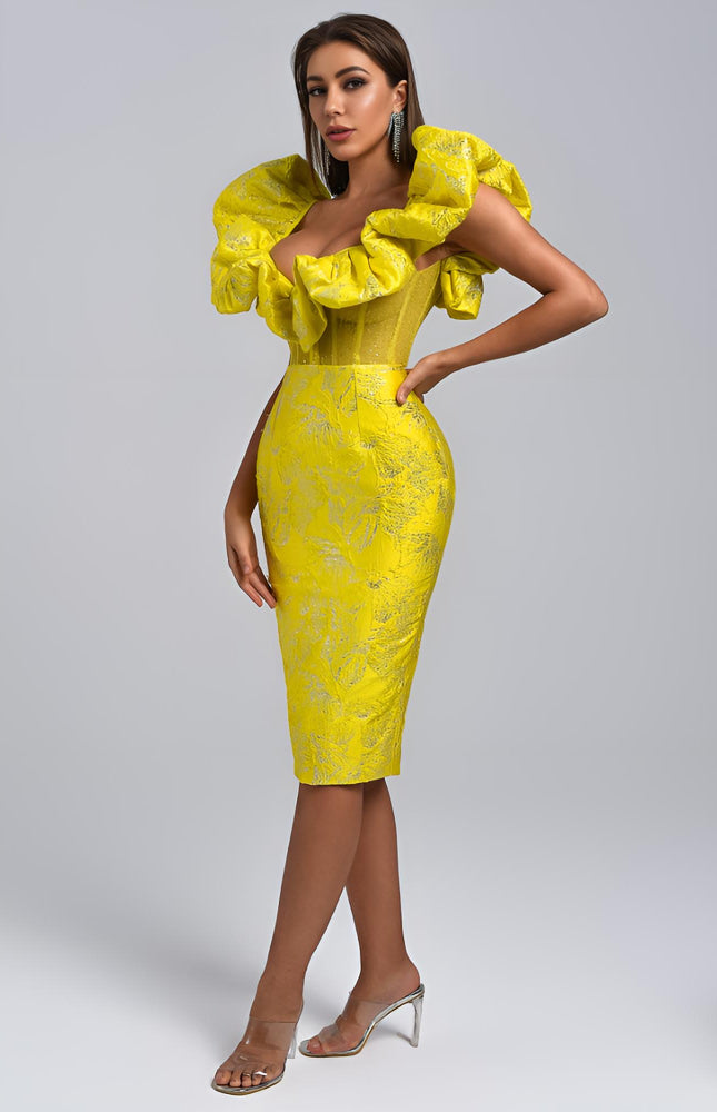 Vespera Jakarlı Sarı Midi Elbise