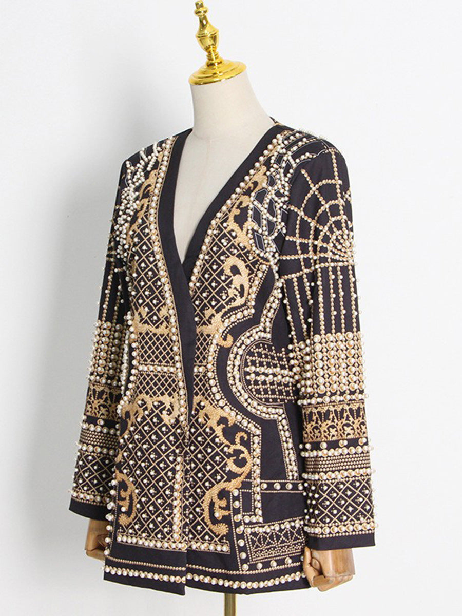 Altın Desenli İnci Detaylı Blazer Elbise