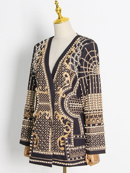 Altın Desenli İnci Detaylı Blazer Elbise