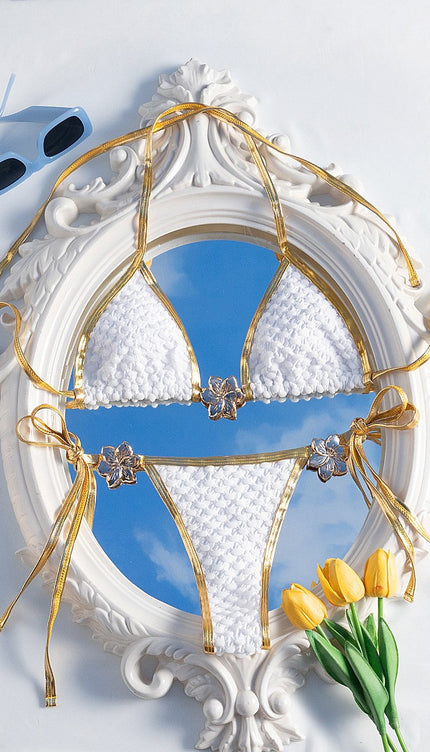 Metal Çiçek Dokulu Mikro Tanga Bikini Seti