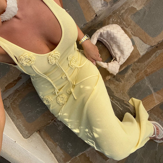 3D Çiçekli Kolsuz Tank Maxi Elbise