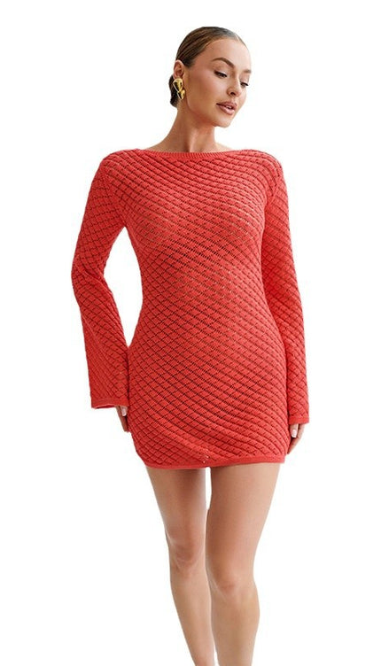 Örme File Sırt Detaylı Mini Elbise